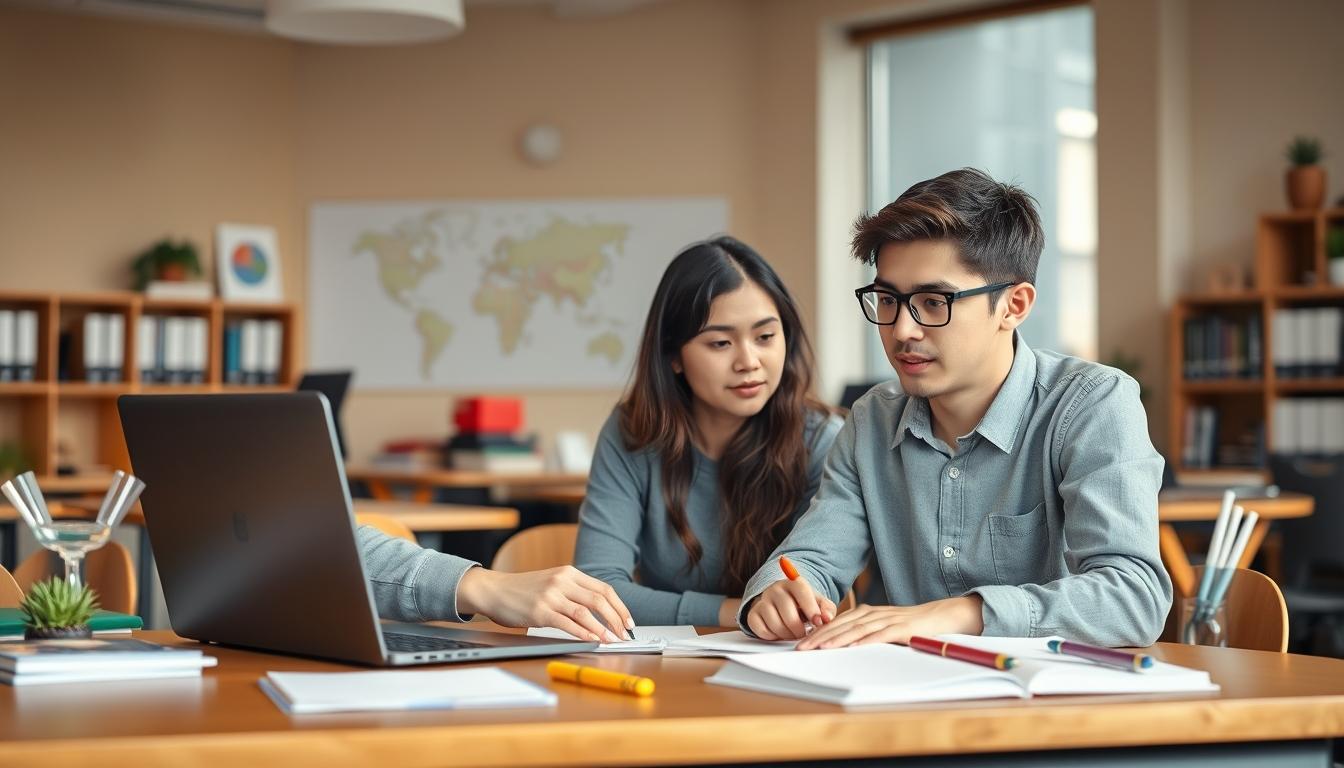 Students studying together in modern classroom